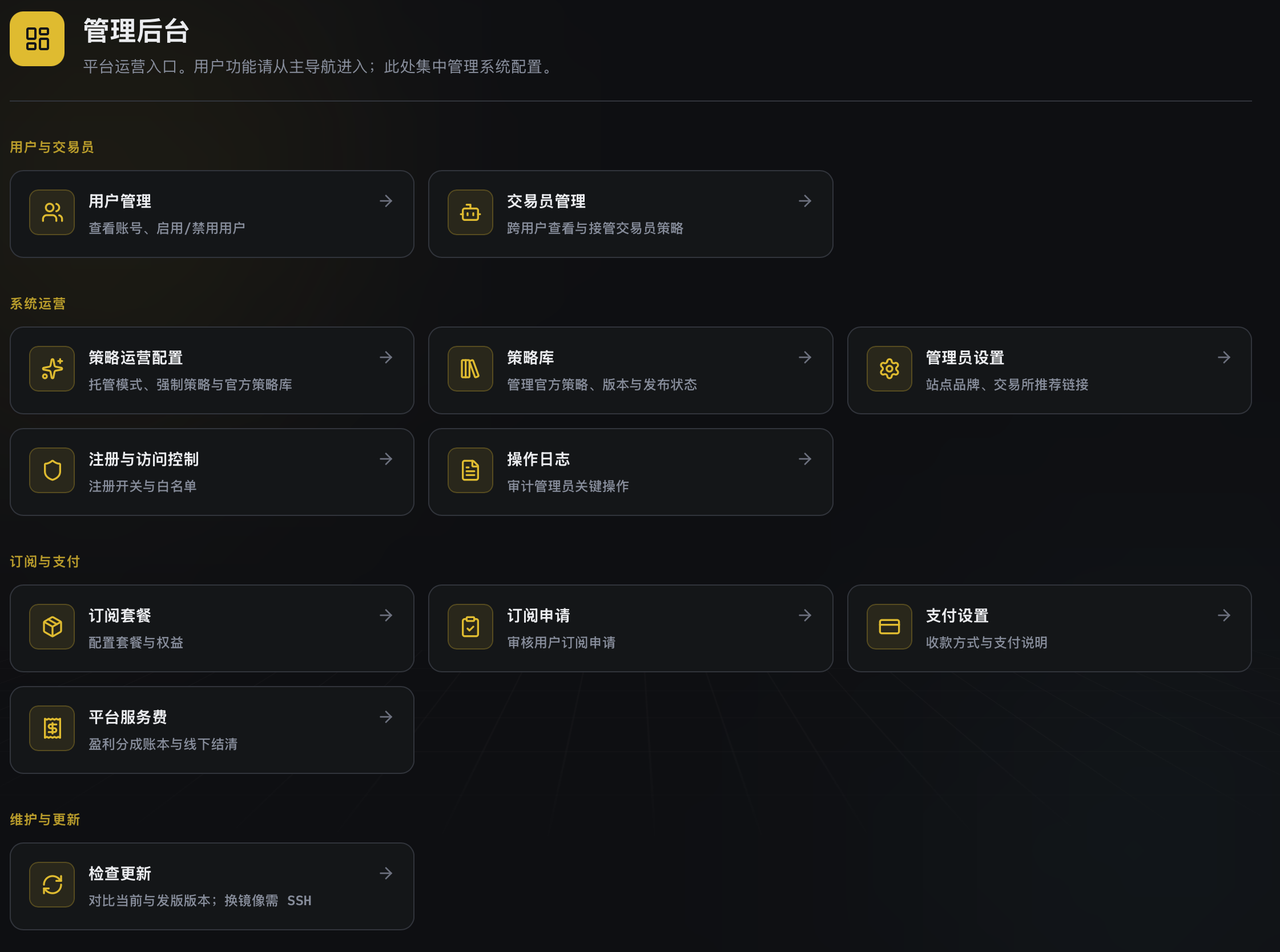 管理后台 — 用户、策略、套餐、支付与日志集中运营